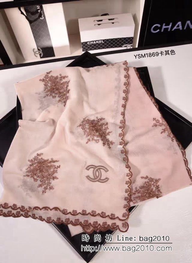 CHANEL香奈兒 2018專櫃原版手工吊染真絲羊毛刺繡長圍巾 YSM1869 LLWJ7409